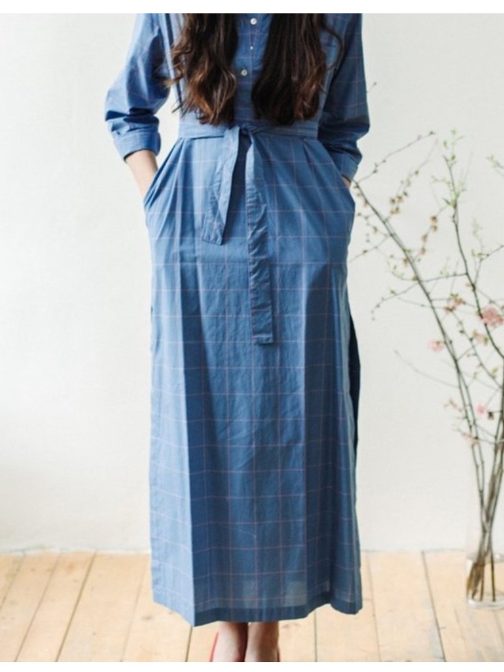 Horses Atelier belted blue dress with thin pink check - Picture 3 of 11